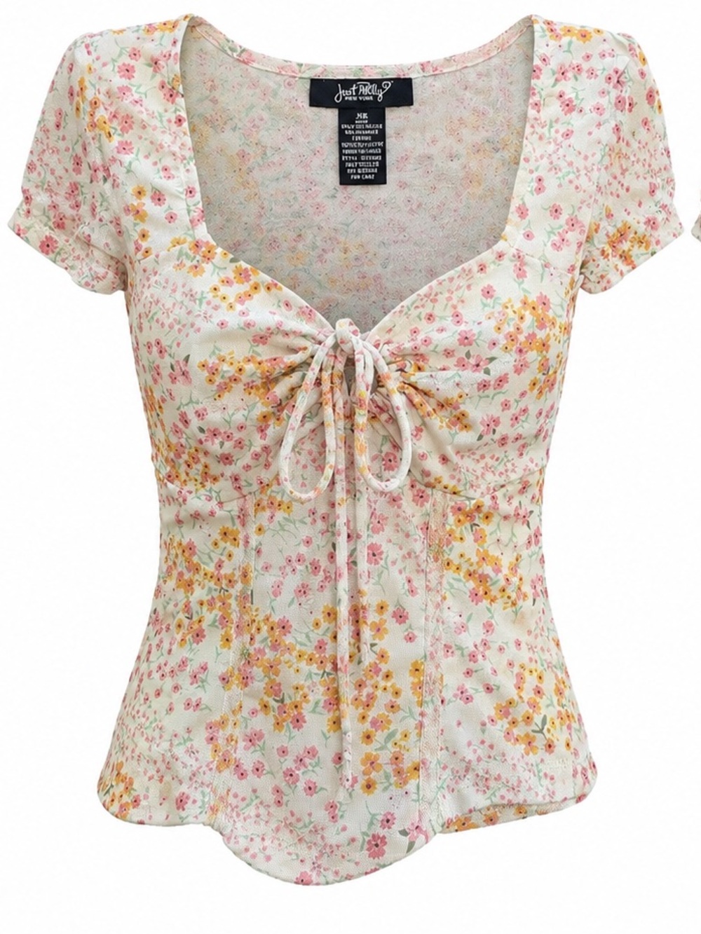 Just Polly Floral Mesh Ruched Tie Front coquette crop top - Ivory Pink -xs
